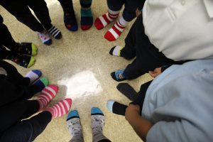 Students wearing their silly socks.